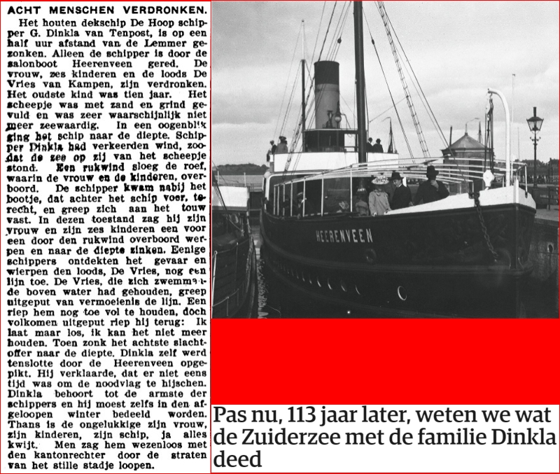 links het artikel uit de Volksvriend, rechts de Salonboot ‘de Heerenveen’, Foto Rijksdienst voor het Cultureel Erfgoed. rechtsonder de kop van het artikel uit de genoemde NRC